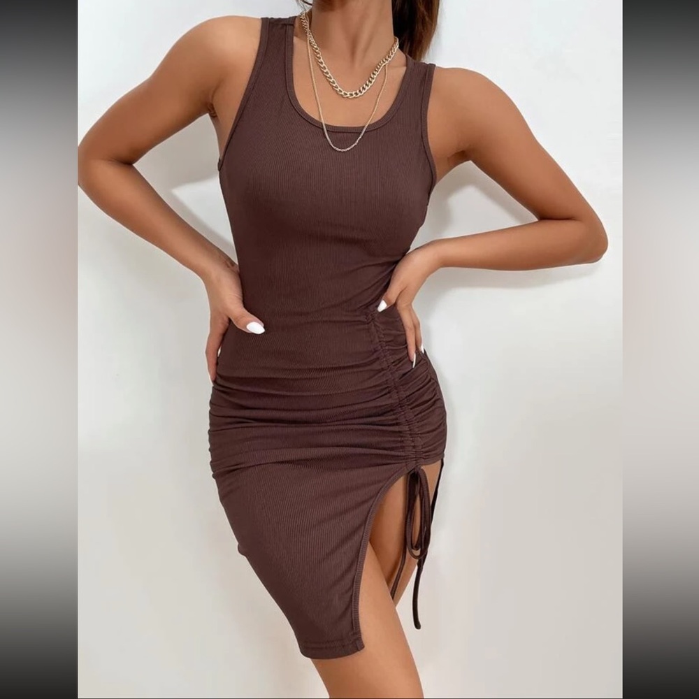 SHEIN brown solid drawstring hem bodycon dress size large